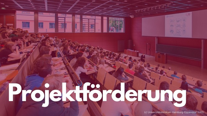 Foto von einem vollbesetzten Hörsaal, darüber ein rotes Overlay mit dem Text: Projektförderung.